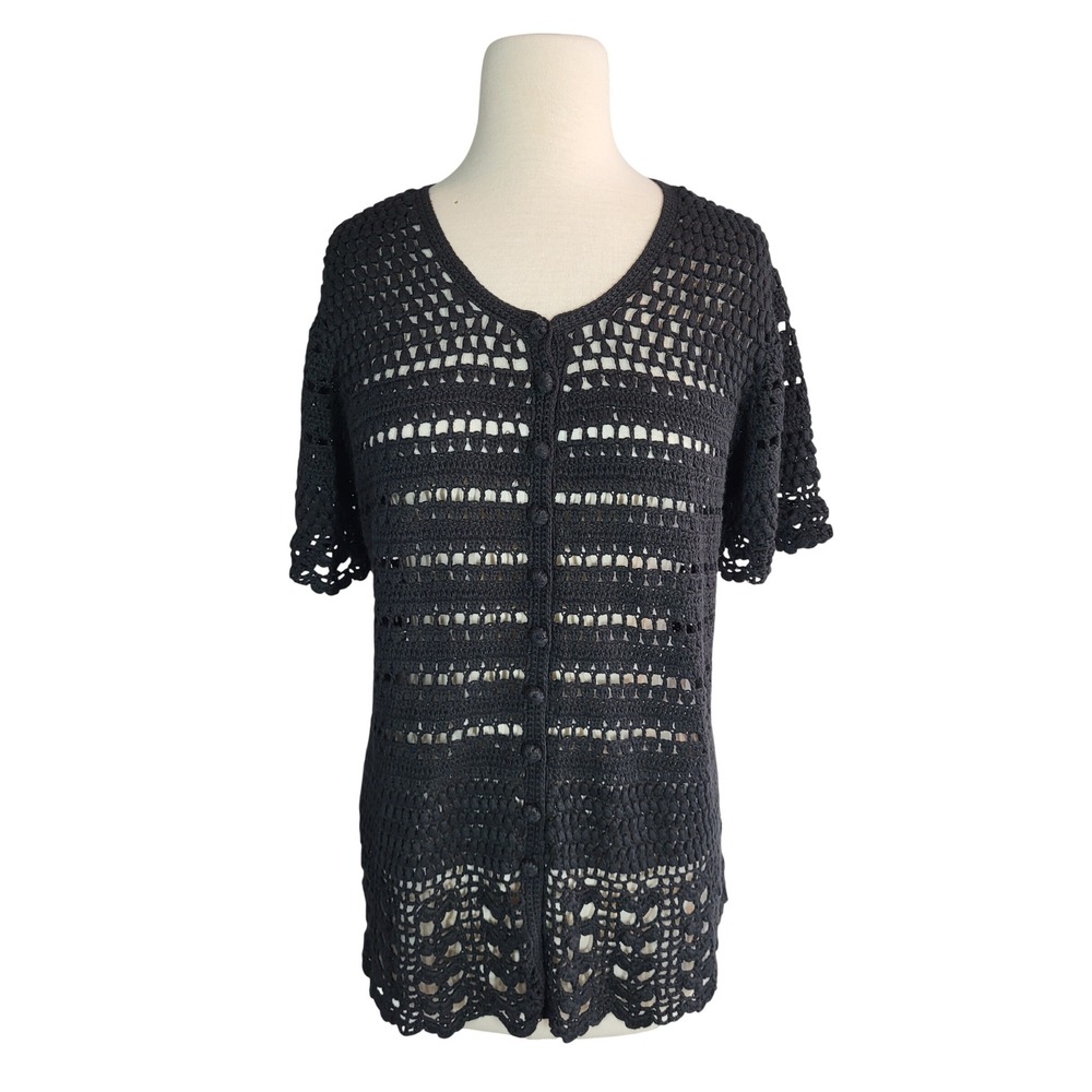 Liz Claiborne Crochet‎ Cardigan L Black Button Front Short Sleeve Open Knit NWT